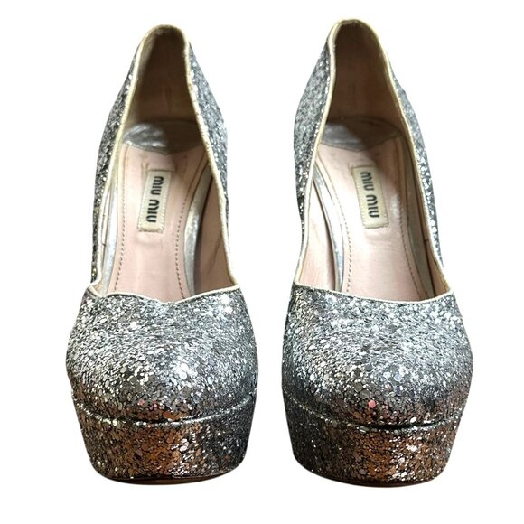 Miu Miu Silver Glitter Platform Heels Size 36.5 Pumps - Picture 2 of 9